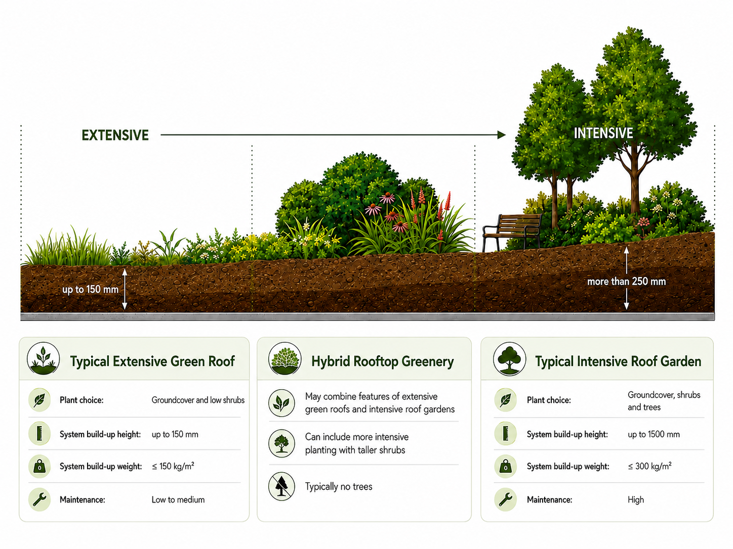 Diagram comparing extensive green roofs with 150mm soil depth to intensive roof gardens with over 250mm depth and trees.